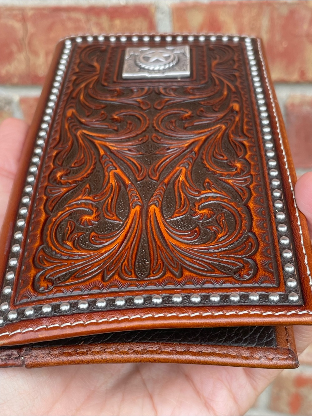 Nocona Mens Western Square Star Rodeo Wallet Brown Tooled Leather Cowboy Bifold - Picture 3 of 16